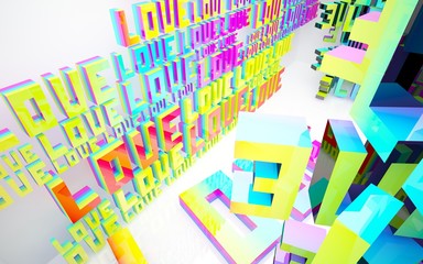 Abstract architectural interior with gradient geometric glass statue of  word "love" and black lines. 3D illustration and rendering
