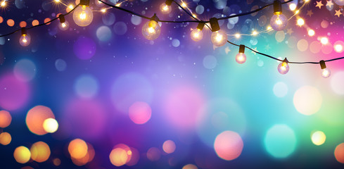 Fototapeta Party - Colorful Bokeh And Retro String Lights In Festive Background  obraz