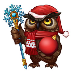 Owl in Christmas hat and snowflake staff