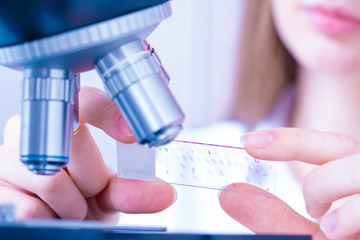 Young woman technician is examining a histological sample, a biopsy in the laboratory of cancer...