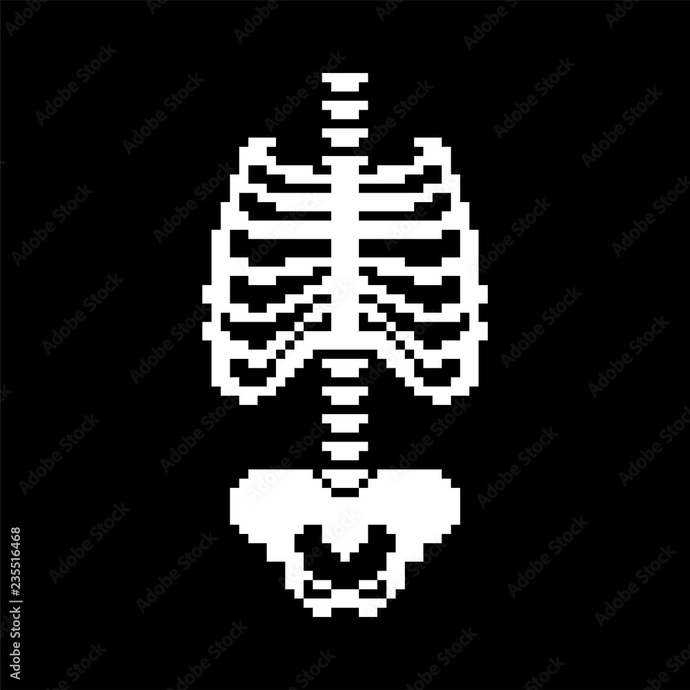 Poster rib cage and spinal, pelvic bone pixel art. bones anatomy 8 bit. pixelate human skeleton system 16bi