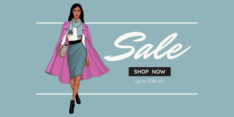 Fashion sale banner with woman fashion outfit, online shopping social media, voucher or web template with beautiful woman. Winter mood. Blue background. Vector illustration.
