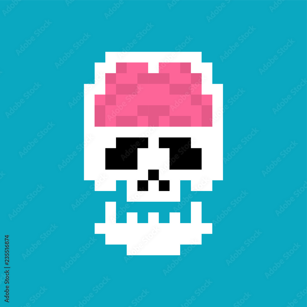 Poster brain in skull pixel art. human internal organs 8 bit. pixelate anatomy 16bit. old game computer gra