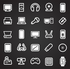 Cool gadgets and electronic devices set on black background icons