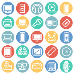 Cool gadgets and electronic devices set on color circles background icons