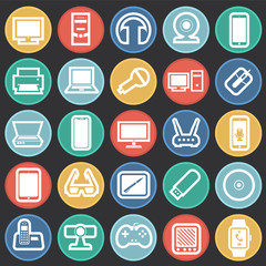 Cool gadgets and electronic devices set on color circles black background icons