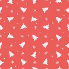 Seamless vector pattern, fir tree and snowflakes isolated on red background