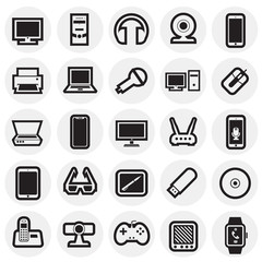 Cool gadgets and electronic devices set on circles background icons