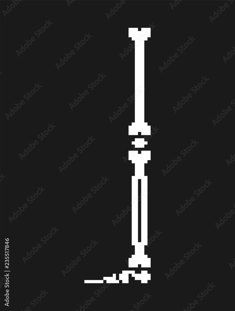 Poster bone leg pixel art. bones anatomy 8 bit. pixelate human skeleton system 16bit. old game computer gra