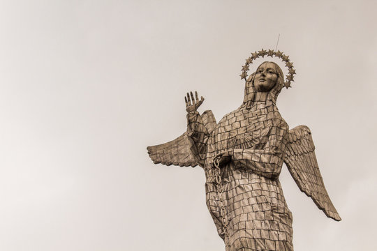 Front view of the public sculpture "Virgen del Panecillo" in the city of Quito Ecuador