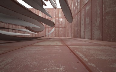 Empty smooth abstract room interior of sheets rusted metal and gray concrete. Architectural background. 3D illustration and rendering