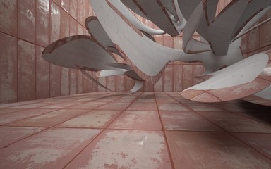 Empty smooth abstract room interior of sheets rusted metal and gray concrete. Architectural background. 3D illustration and rendering