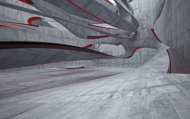 Empty dark abstract glass red and concrete smooth interior. Architectural background. 3D illustration and rendering