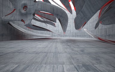 Empty dark abstract glass red and concrete smooth interior. Architectural background. 3D illustration and rendering