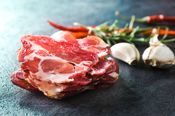 Dried pork meat slices.