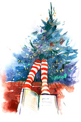 Feet in woollen socks by the Christmas tree. Woman relaxes with a book. Winter and Christmas holidays.