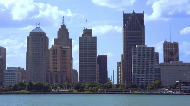 Timelapse of Detroit Skyline Buildings and river