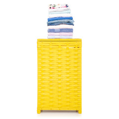 Yellow laundry basket with towel and clothing on white background isolation