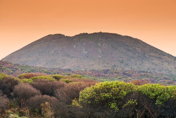 orange sunset sky above volcano Vesuvius in Pompei in Italy
