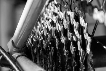 9 speed rear bicycle cassette close up