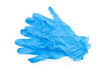 Blue latex medical and laboratory gloves on white background