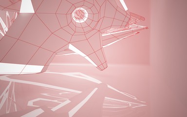 Abstract white interior highlights future. Polygon red drawing. Architectural background. 3D illustration and rendering