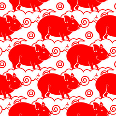 Red pig and clouds. The symbol of the new year 2019. Chinese horoscope, zodiac sign. Seamless texture on white background. Design for greeting cards, calendars, banners, posters, invitations. Vector i