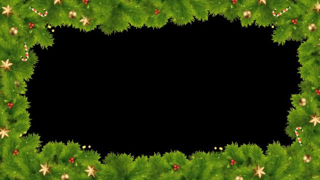 Christmas or New Year cascade magic frame with fir green branches, festive ornament and candy,  with Alpha matte for greeting card or commercials