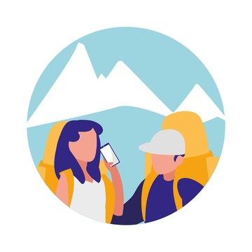 recommend clip art: couple with climbing bag and smartphone