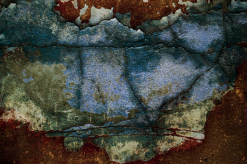 Empty old art texture of plaster brick wall. Painted bad scratched surface in fissures of painted...