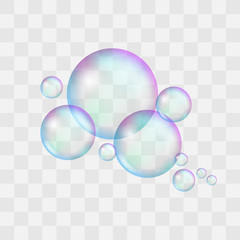 Realistic soap bubble set with rainbow reflection and highlights. Vector illustration.