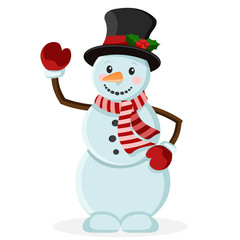 The snowman in the hat smiles and waves his hand in greeting.
