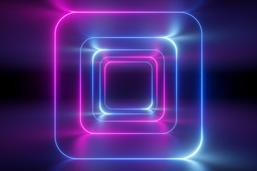 3d render, ultraviolet neon light, tunnel, corridor, rounded square frame, abstract background, virtual screen, space portal, virtual reality environment, pink blue red spectrum, laser show