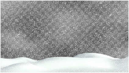Realistic snow storm illustration. Vector snowdrift with falling snowflakes. Winter background.