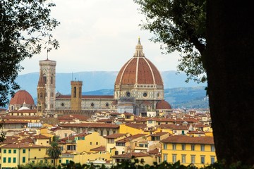 Fototapeta na wymiar View of the Florentine Duomo of Santa Maria del Fiore church through the branches. Florence, Italy.