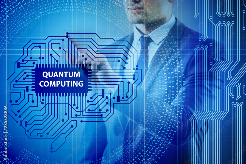 Poster businessman pressing virtual button in quantum computing concept