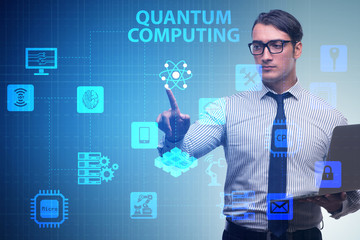Businessman pressing virtual button in quantum computing concept