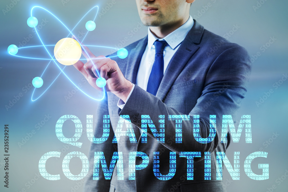 Poster businessman pressing virtual button in quantum computing concept