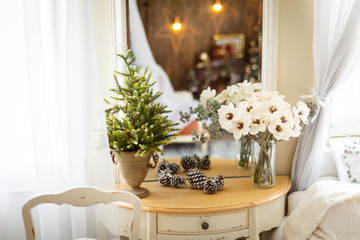 Interior of living room with a Christmas tree and decorations. New year home interior background	