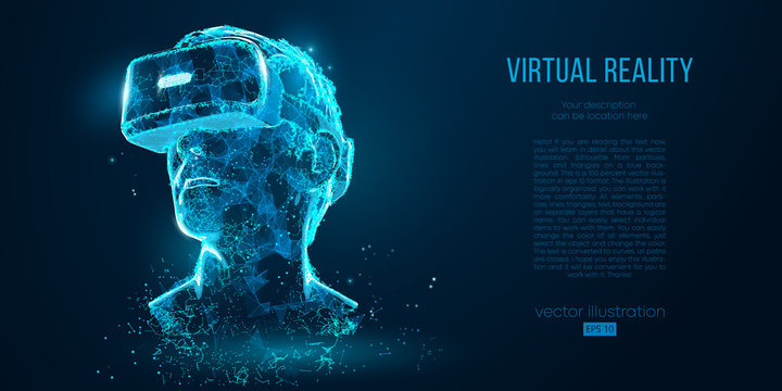 VR headset holographic projection virtual reality glasses, helmet. Low poly wire outline geometric vector illustration. Particles, lines and triangles on blue background. Neon light.