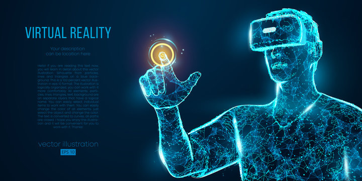 VR headset holographic projection virtual reality glasses, helmet. Low poly wire outline geometric vector illustration. Particles, lines and triangles on blue background. Neon light.