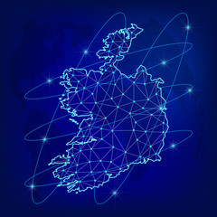 Global logistics network concept. Communications network map Ireland on the world background. Map of Ireland with nodes in polygonal style. Vector illustration EPS10. 