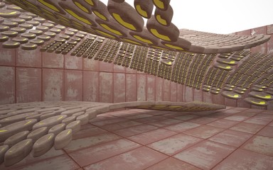 Empty smooth abstract room interior of sheets rusted metal and brown concrete with glossy green surface. Architectural background. 3D illustration and rendering