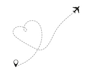 Airplane is in a dotted line. The waypoint is for a tourist trip. Vector illustration on a white background. Tourism and travel.