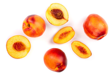 ripe nectarine isolated on white background. Top view. Flat lay pattern