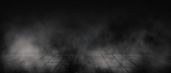 Background of empty room, street, neon light, smoke, fog, asphalt, concrete floor