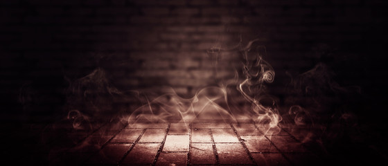 Background of empty brick wall, neon light, smoke, fog, night