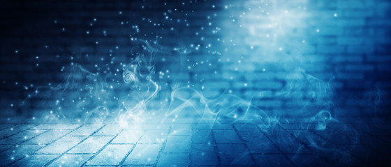 Background of empty brick wall, neon light, smoke, fog, night