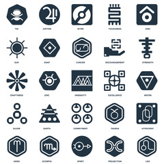 Elements Such As Leo, Projection, Spirit, Scorpio, Aries, Strength, Excellence, Commitment, Silver, Sun, Nitre, Jupiter icon vector illustration on white background. Universal 25 icons set.