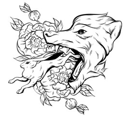 Vector hand drawn illustration of rabbit and big head of angry wolf. Hand sketched tatto artwork with flowers. Character design. Template for card, poster, print for t-shirt.